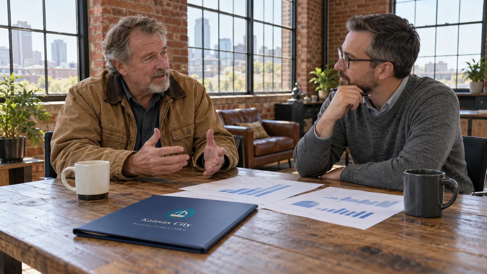 A business owner in a work jacket and an advisor in a gray sweater talk over a folder of financial papers at a table in an office with brick walls