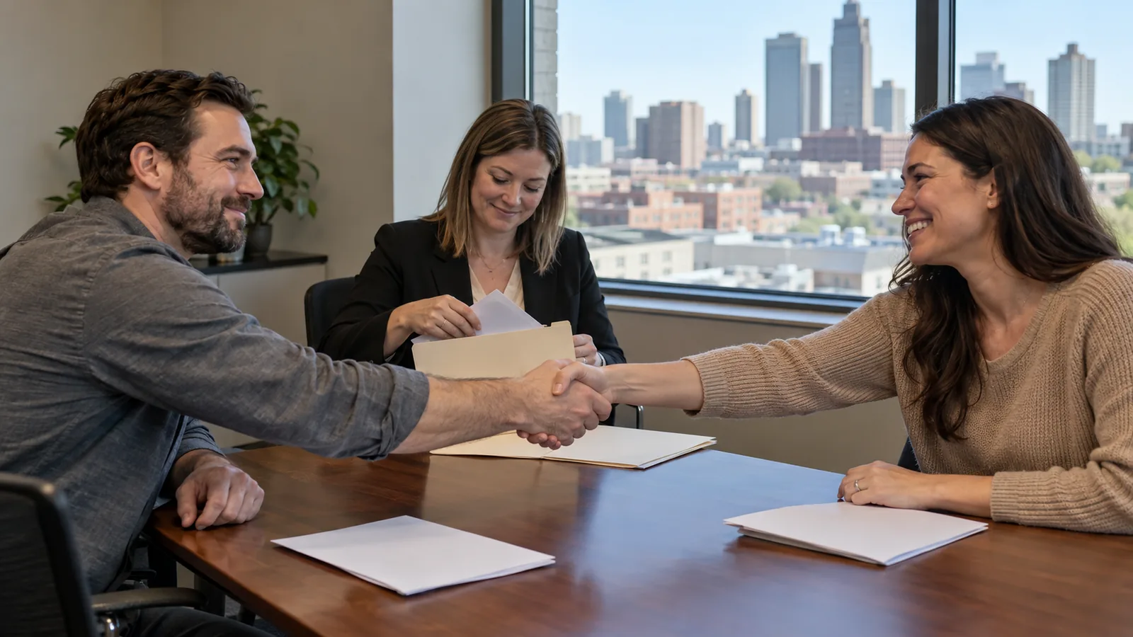 A seller and a buyer shake hands across a conference table covered with signed papers while an attorney gathers documents into a folder