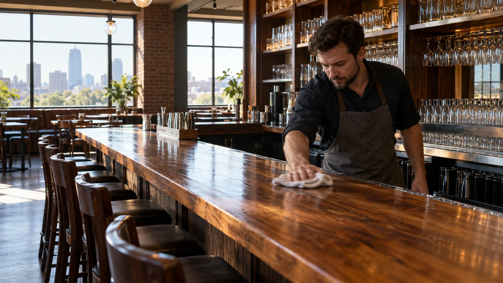 A bartender wipes down a long wooden bar in an empty restaurant in the afternoon, glasses lined up on shelves behind him