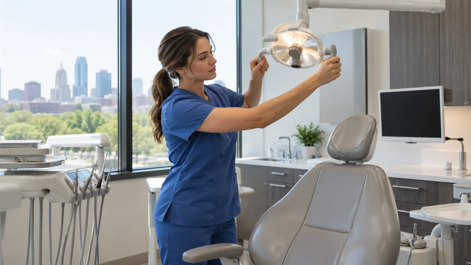 A dental hygienist in blue scrubs adjusts the overhead light beside an empty patient chair in a bright, clean treatment room