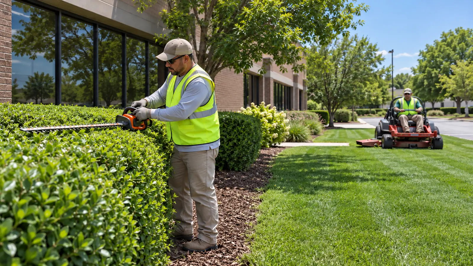 A landscaping crew member in a safety vest trims hedges along a commercial office building lawn while another runs a riding mower in the background