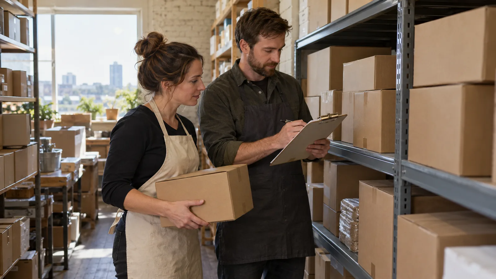 A woman in a store apron and a man with a clipboard count inventory together in the stockroom of a family run shop, shelves of boxed goods behind them