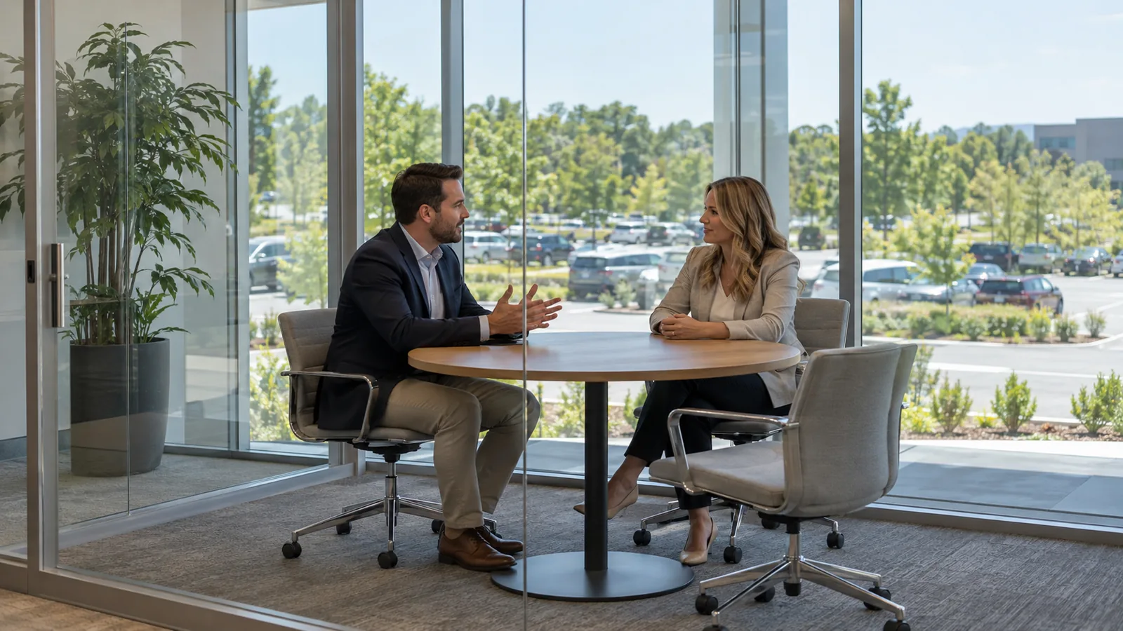 Two professionals talk at a small round table in a glass walled meeting room in a suburban office building, trees and a parking lot outside