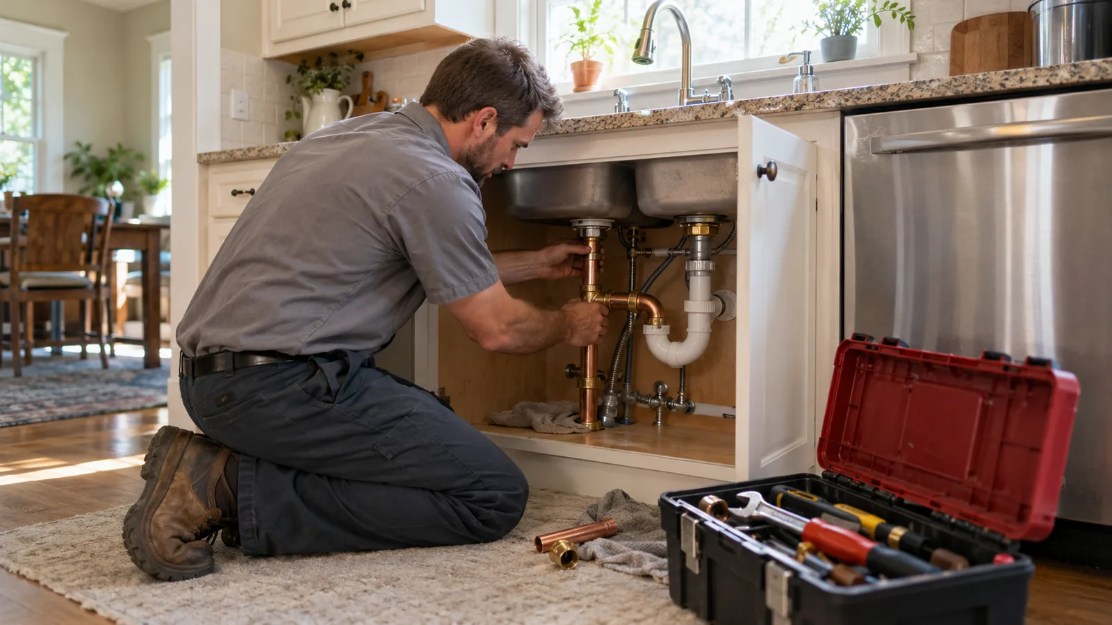 A plumber in a gray work shirt kneels under a kitchen sink fitting a new pipe, a toolbox open on the floor beside him