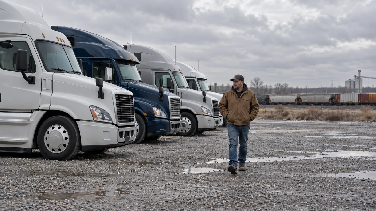 A driver in a plain work jacket walks past a row of semi tractors parked in a gravel truck yard on a cloudy morning