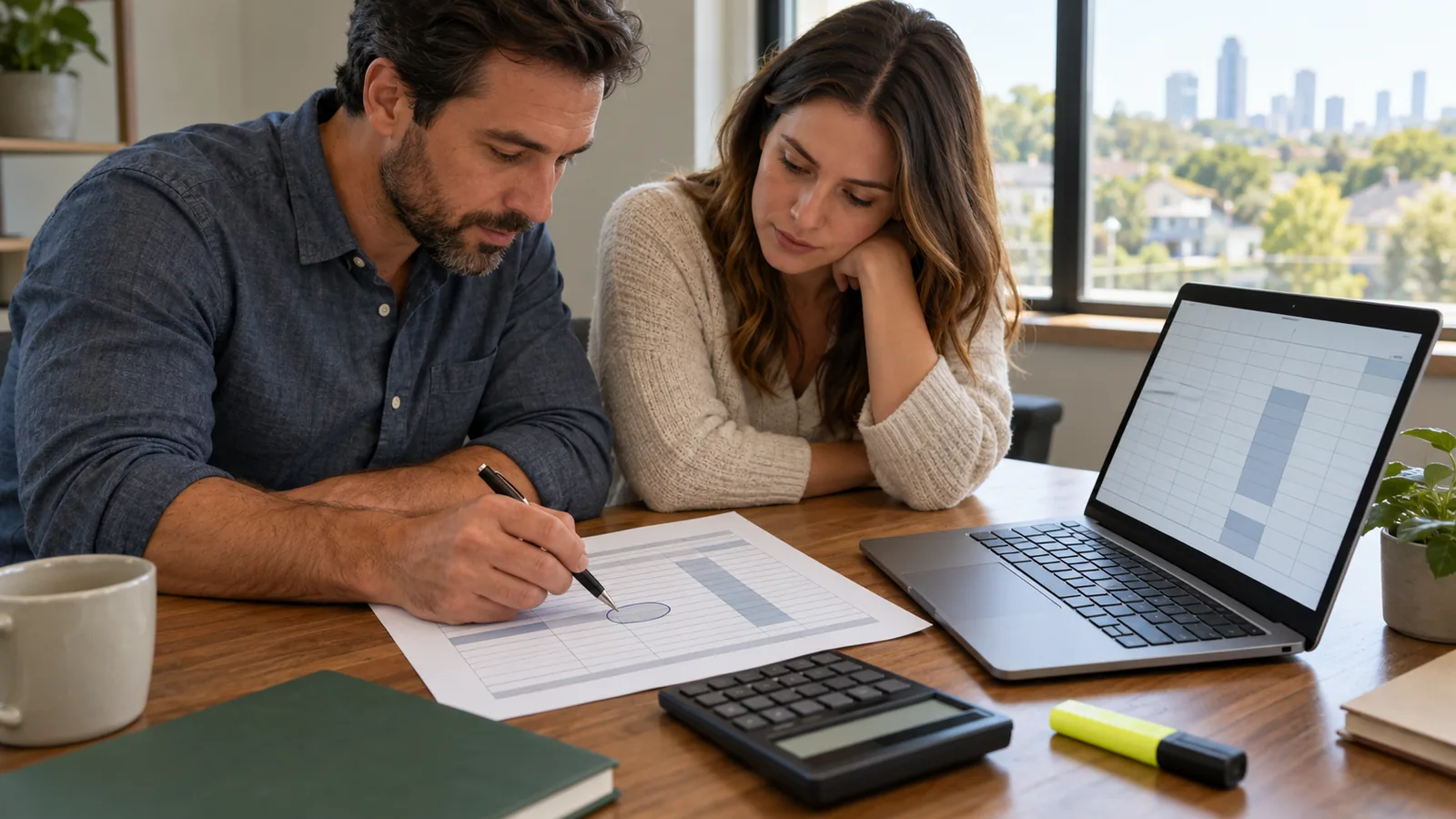 Two people at a desk compare a printed profit and loss statement against numbers on a laptop, one marking a figure with a pen
